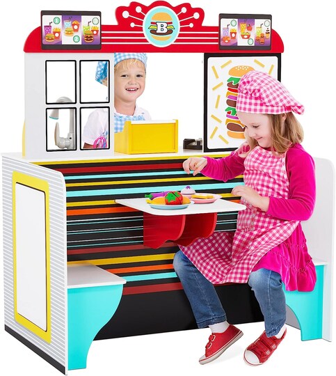 Lil’ Jumbl Double-Sided Restaurant Playset for Kids, Wooden Pretend Diner Set Toy